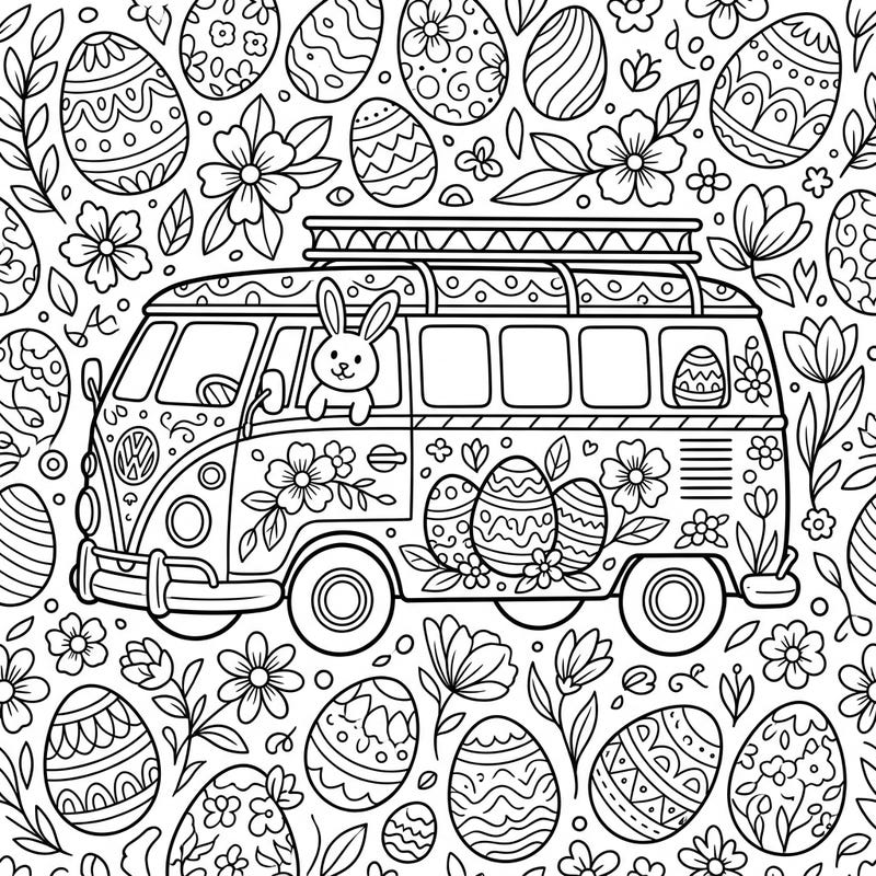 Get ready for an eggs-cellent Easter adventure with this charming shuttle bus coloring page. Featuring a festive bus decorated with bunnies, eggs, and spring blooms, it's perfect for celebrating the season.