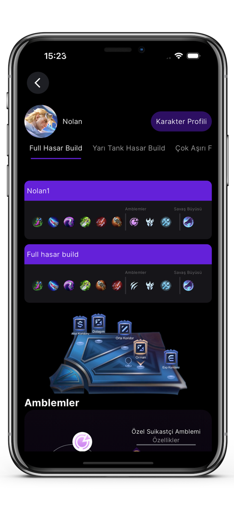BBML Build - Mobile Legends character Nolan build and emblem strategy screen in the BBML Build app