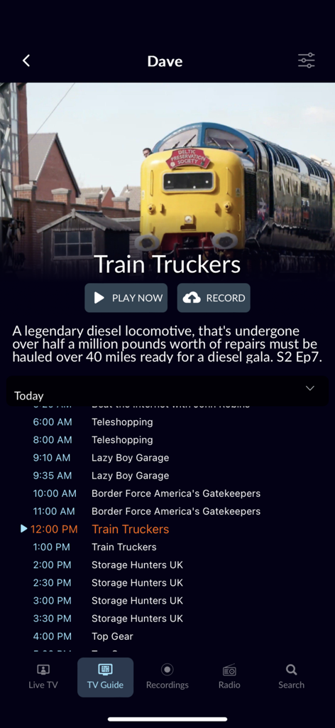 TeeVeeing mobile app interface showing a TV guide for the UK channel Dave featuring the show Train Truckers with recording options
