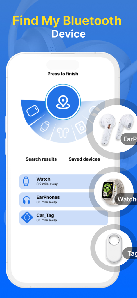 Bluetooth Finder : Ble Scanner - Bluetooth Finder app screen showing search results for lost watch and earphones