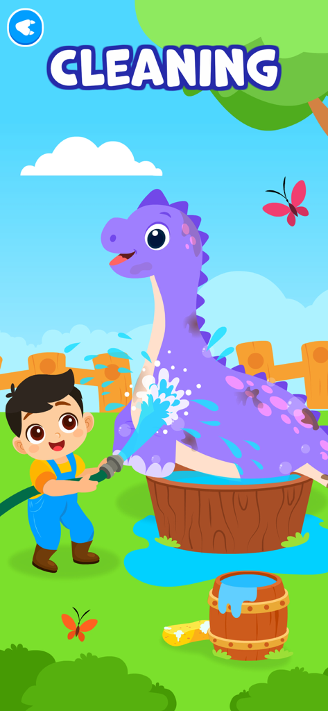 Toddler Games for 3 Year Olds• - A cartoon boy washing a purple dinosaur with a water hose in a cleaning activity for kids
