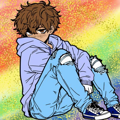 a male hoddie ripped jeans messy hair anime