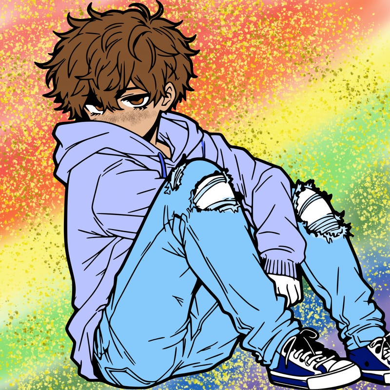 a male hoddie ripped jeans messy hair anime