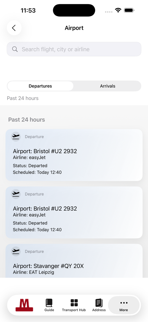 Copenhagen Subway Map app showing the airport flight departures and arrivals screen.