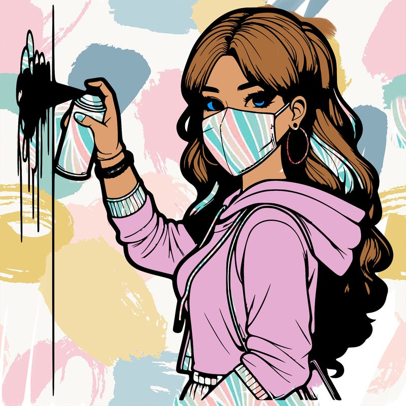 realistic girl with mask spray painting a wall