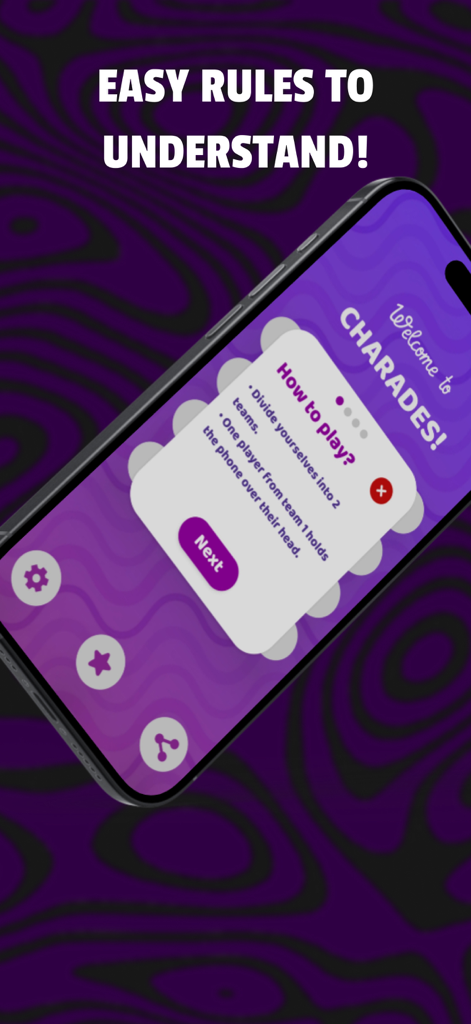 Charades: Guess the Word Game - A mobile screen displaying easy to understand rules for Charades Guess the Word Game on a purple themed interface