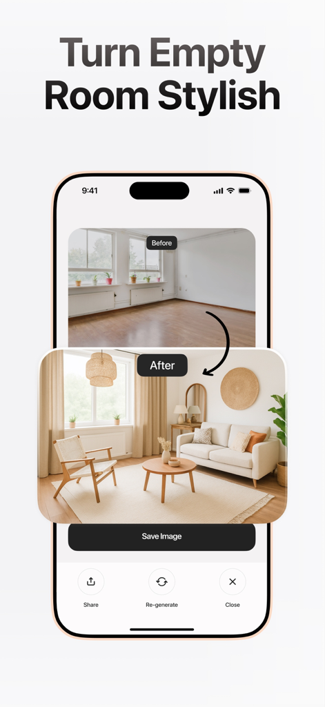 ReRoom AI: Interior Design - Before and after mobile screen showing an empty room transformed into a stylish furnished living room using ReRoom AI interior design
