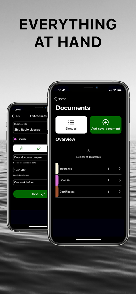 Yacht Manager App - Yacht Manager App interface on iPhone showing organized vessel documents such as insurance and licenses with expiration alerts.