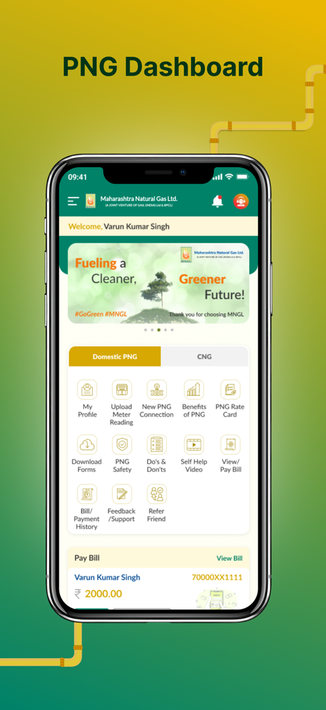 My MNGL mobile app dashboard showing various PNG service icons and user account overview