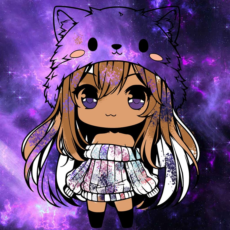 chibi girl with wolf hat, long hair and sweater off shoulders