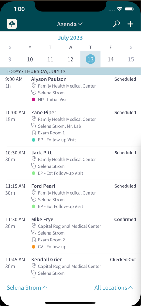 Tebra mobile app agenda screen showing a list of patient appointments and clinical schedules
