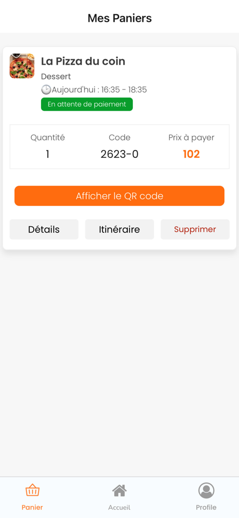Kool&Save App Mein Körbe Bildschirm mit einer anstehenden Bestellung für einen ermäßigten Lebensmittelkorb.