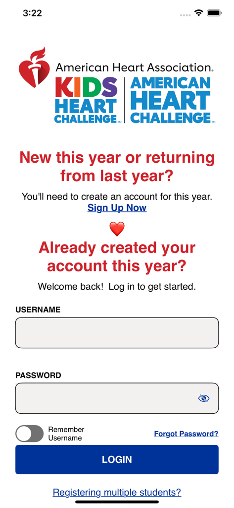 Login and sign up screen for the AHA Schools app featuring Kids Heart Challenge and American Heart Challenge branding