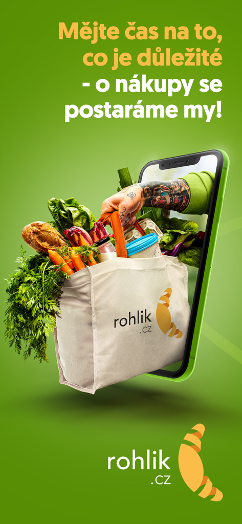 A hand holding a bag of fresh groceries coming out of a smartphone screen