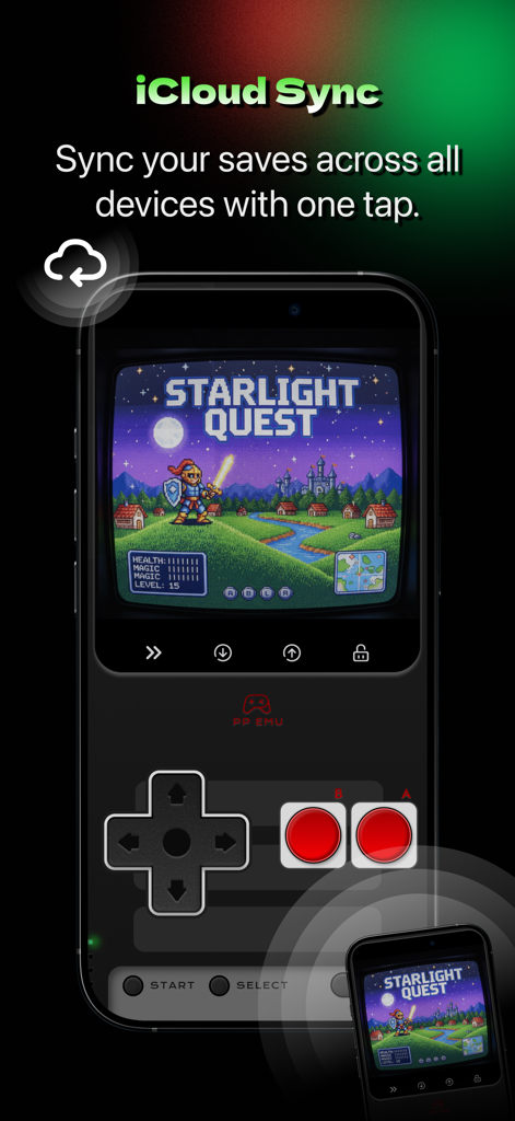 PP EMU - 3DS PSP Game Emulator - La aplicación PP EMU demuestra la funcionalidad de sincronización de iCloud para guardar partidas de juegos retro en diferentes dispositivos