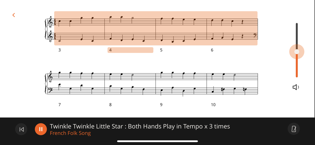 Digital sheet music for Twinkle Twinkle Little Star with practice controls in the Roland Piano App.