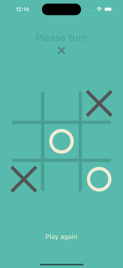 A minimalist digital game of Classic Tik Tak Toe in progress on a teal background.