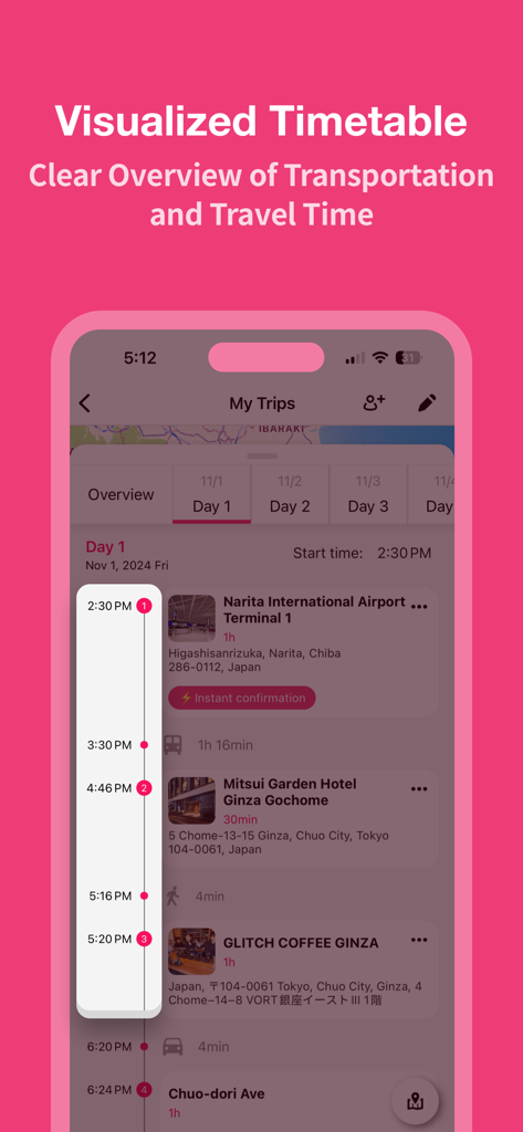 Funliday - Travel Planner - Funliday app interface showing a visualized travel timetable with daily itinerary details and estimated transportation times between locations.