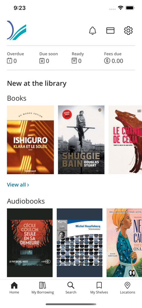 Schermata principale dell'app OPL Mobile che mostra lo stato dell'account e i nuovi arrivi di libri