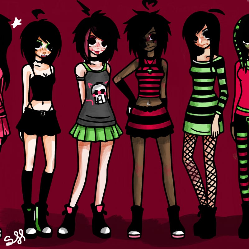 5 tall pretty e girls standing next to each other in emo outfits