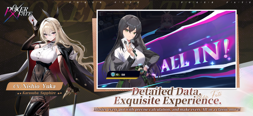 Anime character Karasuba Sapphire and a gameplay screen showing an All In move in Poker Fate ACG Texas Holdem