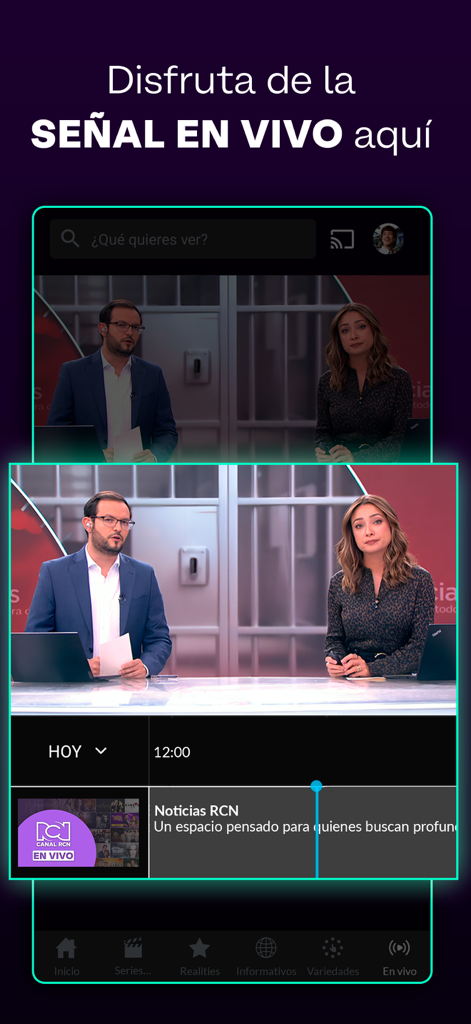 Canal RCN - Interfaz de la aplicación móvil Canal RCN que muestra una transmisión de noticias en vivo con presentadores y menú de navegación.