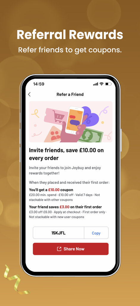 Joybuy-Don't just buy, Joybuy! - Joybuy mobile app screen showing referral rewards and coupons for inviting friends