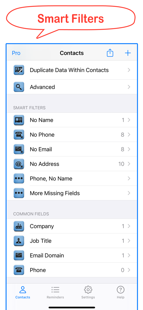 Interface of Delete Contacts plus showing smart filters to identify contacts missing names or phone numbers