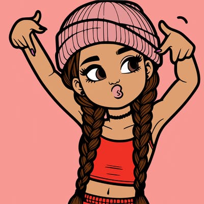 realistic teenage girl with braids and a beanie and crop top doing 🫶🏼