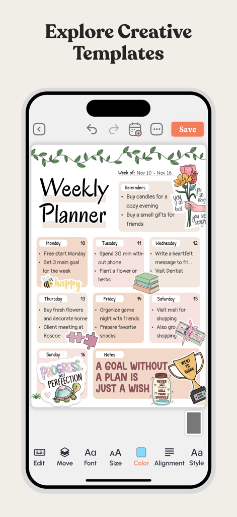 Planner, Journal, To-Do List - Aesthetic weekly planner layout in PlanWiz app with stickers and creative notes