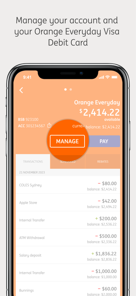 ING Australia mobile banking app showing transaction history and account balance