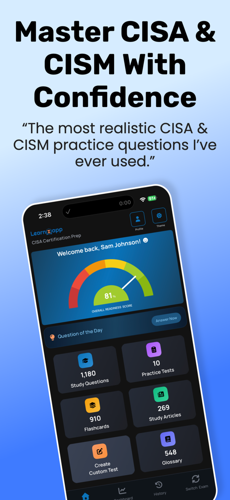 CISA & CISM: ISACA Exam Prep - LearnZapp CISA and CISM exam prep dashboard displaying readiness score and study modules