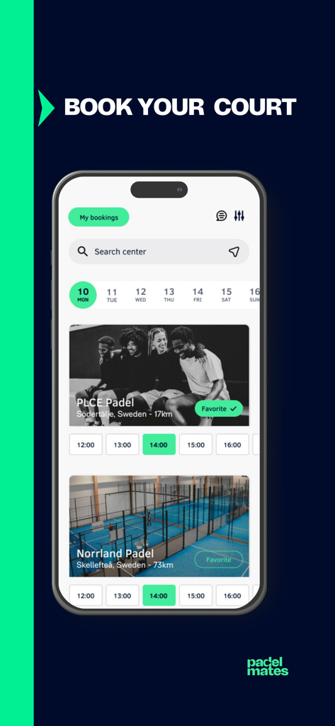 Interface of the Padel Mates mobile app showing court booking options for various sports centers with available time slots and a calendar view