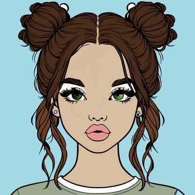 realistic girl with two buns in hair and lips