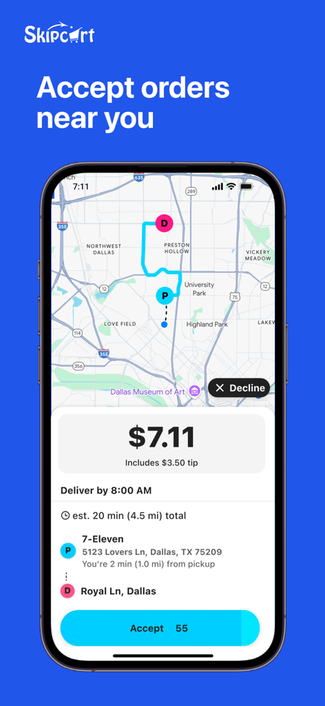 Skipcart Delivery Driver - Interfaz de la aplicación Skipcart que muestra una oferta de entrega de 7-Eleven por 7.11 dólares con un mapa y ruta en Dallas.
