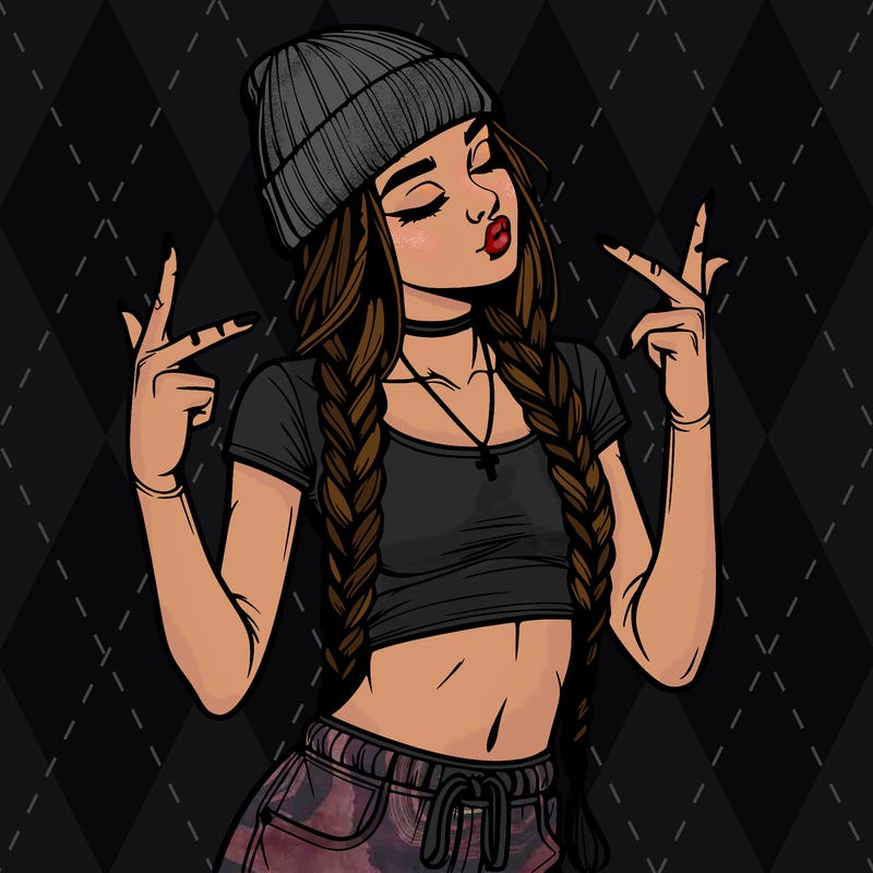 realistic teenage girl with braids and a beanie and crop top doing 🫶🏼