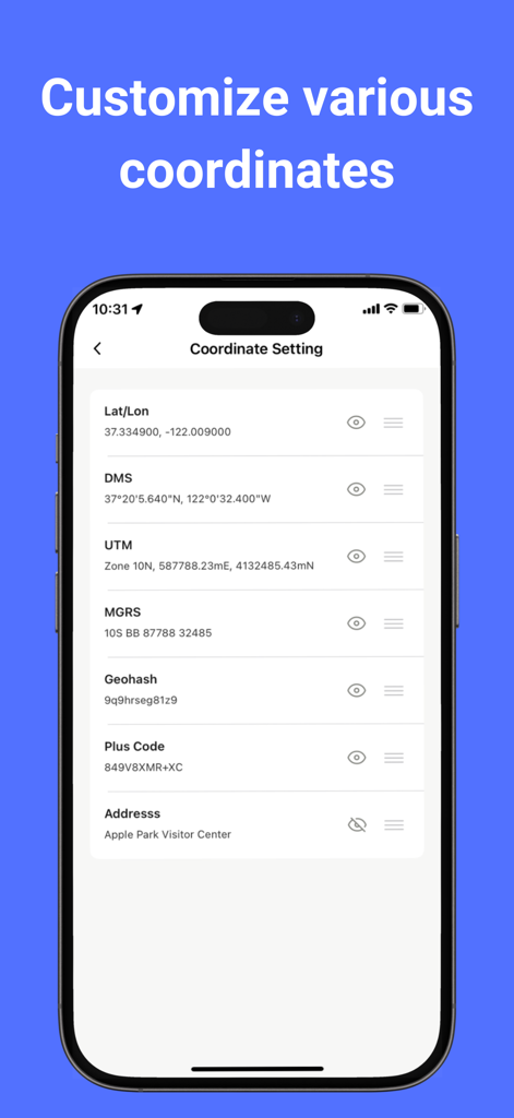Interfaz de la aplicación UTM Geo Map que muestra varios sistemas de coordenadas como UTM MGRS y DMS para personalización.