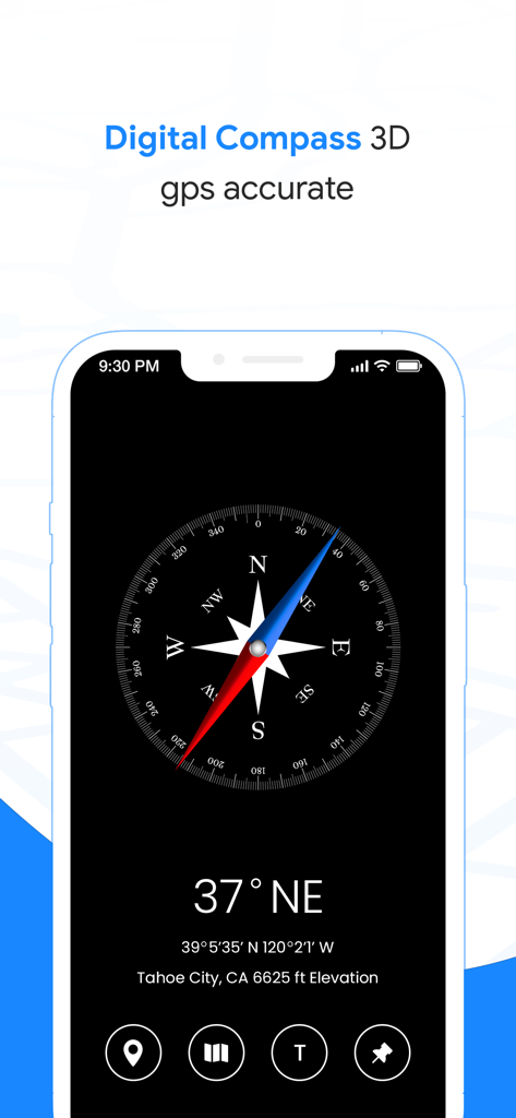 Una pantalla de smartphone que muestra una interfaz de brújula digital 3D con coordenadas GPS y datos de elevación para Tahoe City.