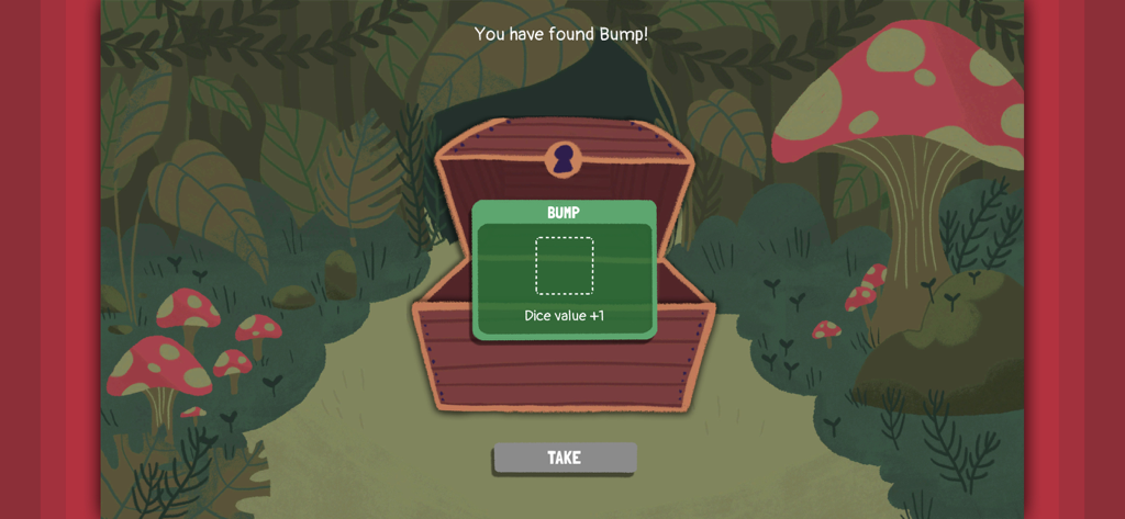 Dicey Dungeons - An open treasure chest in the game Dicey Dungeons revealing a Bump item card that increases dice value.