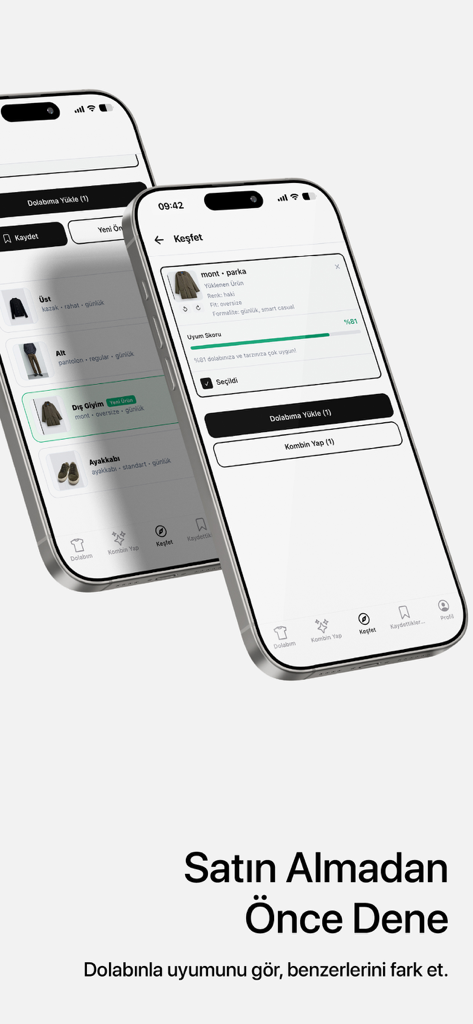 Sylora: AI Outfit Planner - Two smartphones displaying the Sylora app interface showing an 81 percent style compatibility score for a parka jacket