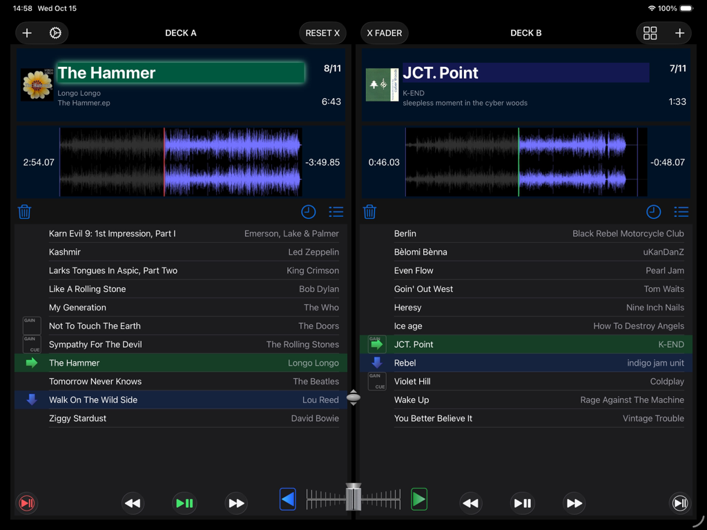 PlayBacker for iPad - Interfaz de PlayBacker para iPad que muestra reproducción de doble deck con formas de onda y listas de pistas