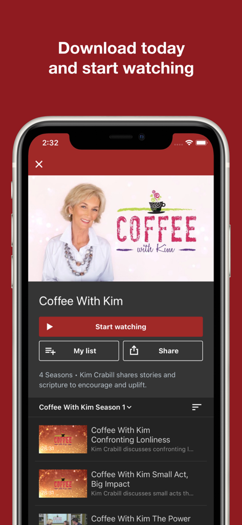Singing News TV - Singing News TV app screen showing the faith based show Coffee with Kim with start watching and episode list options
