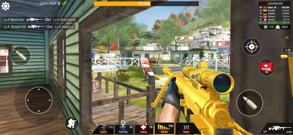 First-person view of a golden sniper rifle in a PvP battle arena