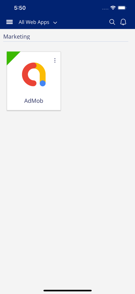 CyberArk Identity - CyberArk Identity mobile app showing the All Web Apps dashboard with a shortcut for the AdMob marketing application.