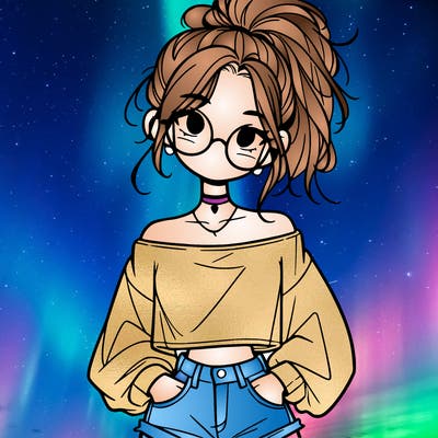 girl with a messy ponytail glasses a baggy crop top and jean shorts