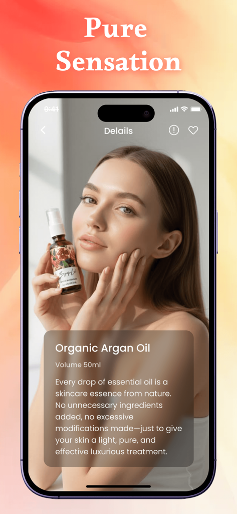 Miren: Nice Feelings - Una pantalla de aplicación móvil minimalista para Miren que muestra la descripción de un producto de cuidado de la piel para Aceite de Argán Orgánico con una mujer sosteniendo el producto.