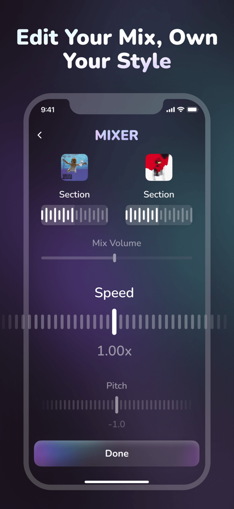 Mixer - Song Mashup Maker - Interfaz de usuario para editar mashups de canciones con controles de velocidad y tono.