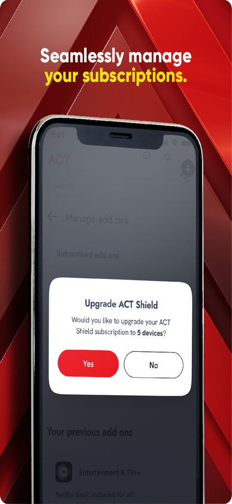 Interface de l'application ACT Fibernet montrant une invite pour mettre à niveau l'abonnement pour la sécurité des appareils ACT Shield.