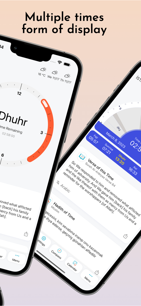Interfaccia dell'app Azan Time Pro che mostra vari modi per visualizzare gli orari di preghiera e i versi giornalieri su un telefono cellulare