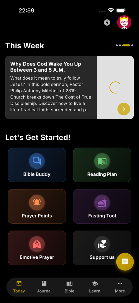 Bible Study Buddy - Panel de la aplicación Bible Study Buddy con herramientas de crecimiento espiritual como el chat Bible Buddy y planes de lectura